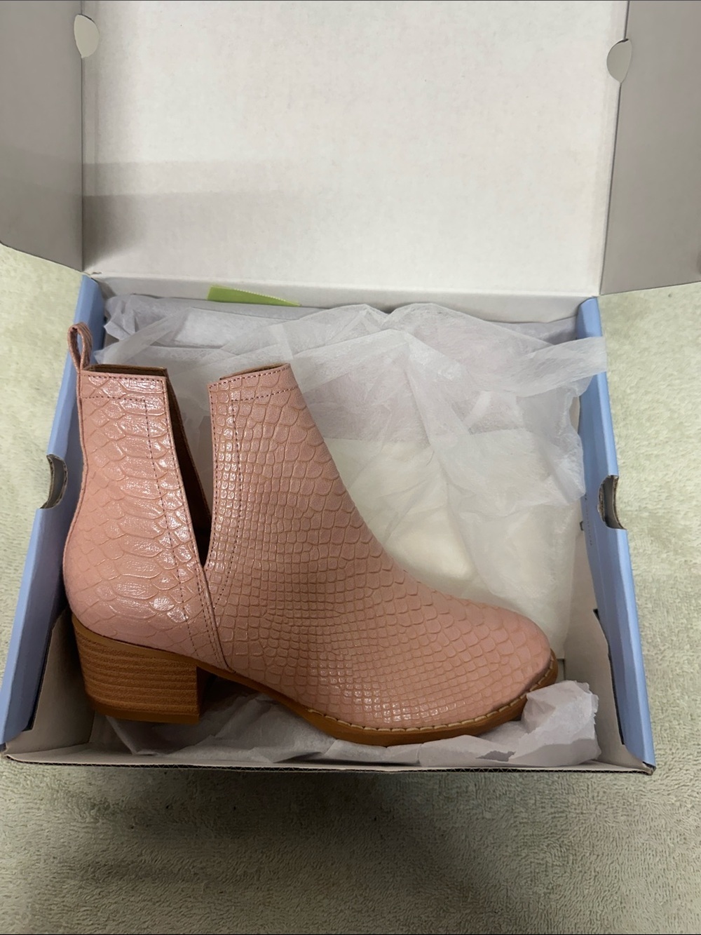 Croc-Embossed Pink Ankle Bootie with Stacked Heel